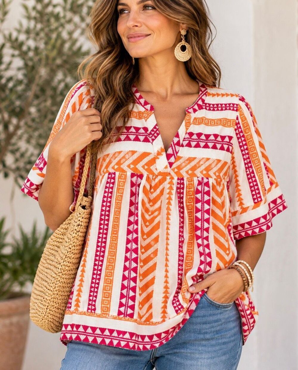 Old Navy Split-Neck Textured Top Pink Orange XXL Tall Boho